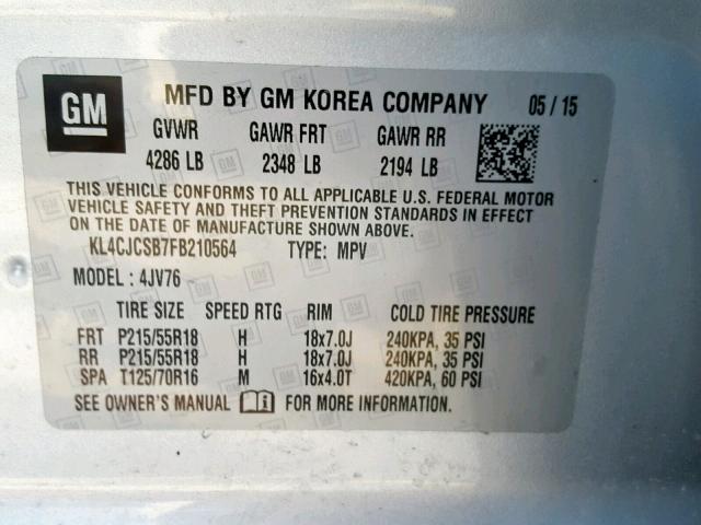 KL4CJCSB7FB210564 - 2015 BUICK ENCORE GRAY photo 10