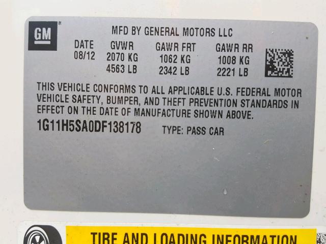 1G11H5SA0DF138178 - 2013 CHEVROLET MALIBU LTZ თეთრი ფოტო 10