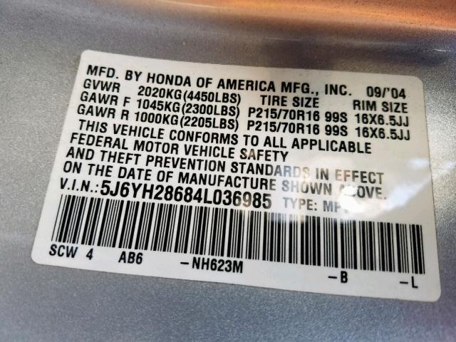 5J6YH28684L036985 - 2004 HONDA ELEMENT EX SILVER photo 10