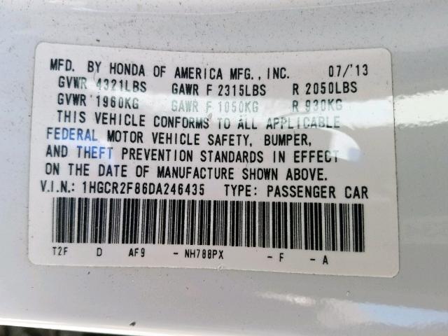 1HGCR2F86DA246435 - 2013 HONDA ACCORD EXL WHITE photo 10