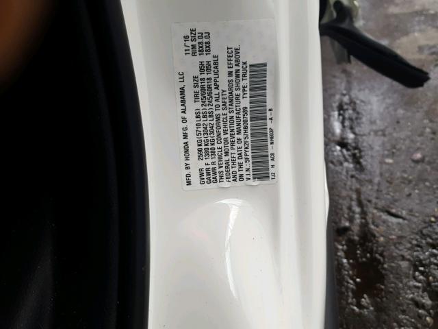 5FPYK2F57HB007589 - 2017 HONDA RIDGELINE WHITE photo 10