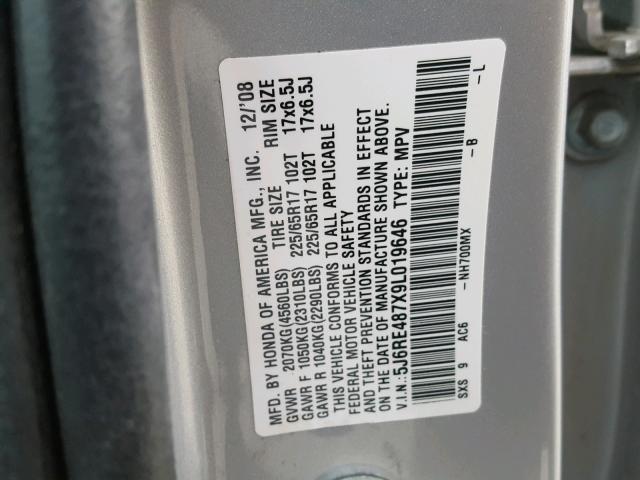 5J6RE487X9L019646 - 2009 HONDA CR-V EXL SILVER photo 10