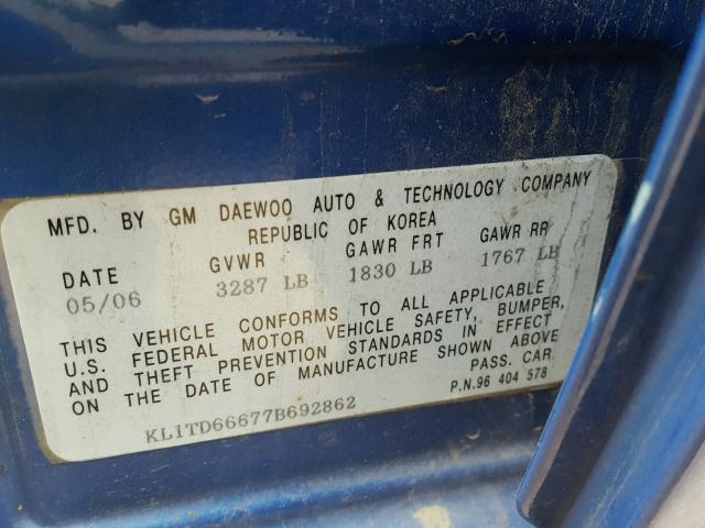 KL1TD66677B692862 - 2007 CHEVROLET AVEO BASE Mavi foto 10