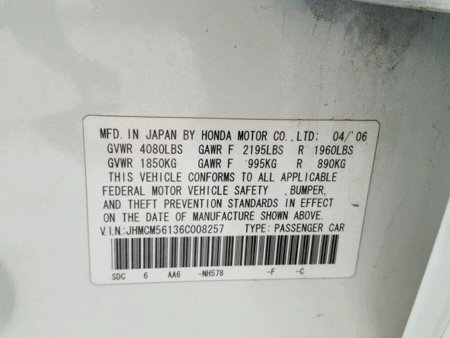 JHMCM56136C008257 - 2006 HONDA ACCORD VAL WHITE photo 10