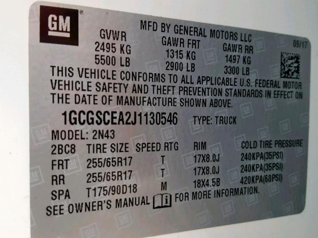 1GCGSCEA2J1130546 - 2018 CHEVROLET COLORADO L WHITE photo 10