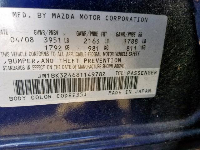 JM1BK324681149782 - 2008 MAZDA 3 S BLUE photo 10