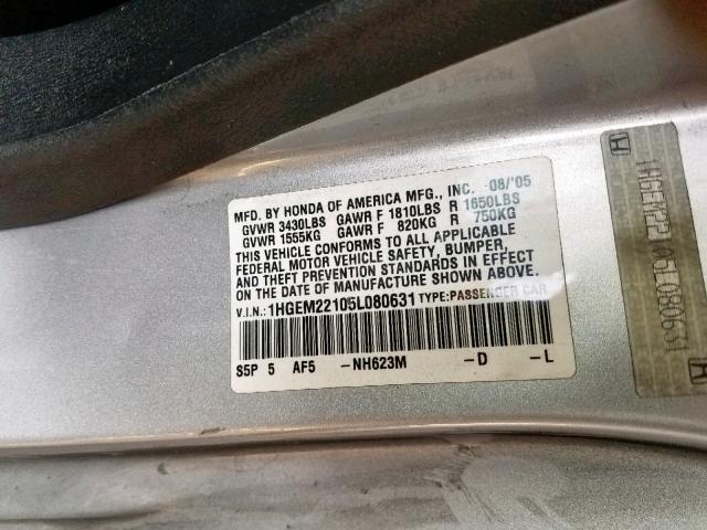 1HGEM22105L080631 - 2005 HONDA CIVIC DX V SILVER photo 10