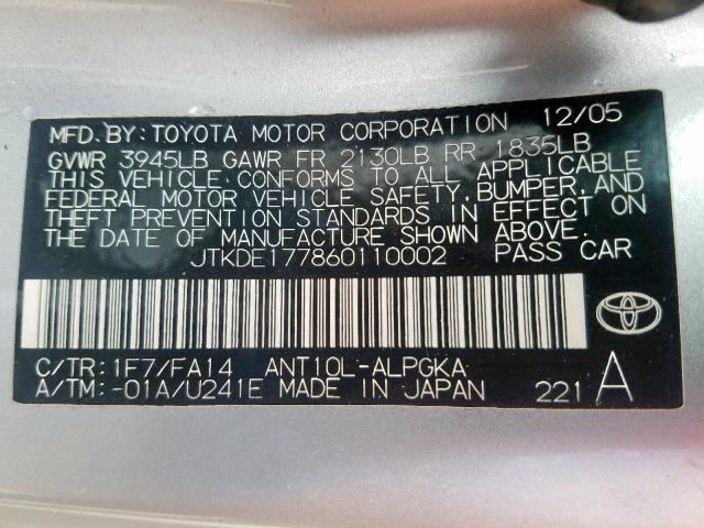 JTKDE177860110002 - 2006 TOYOTA SCION TC ვერცხლისფერი ფოტო 10