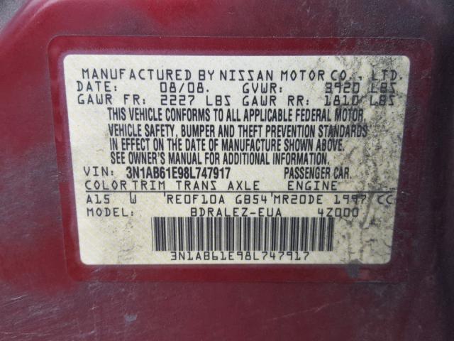 3N1AB61E98L747917 - 2008 NISSAN SENTRA 2.0 BURGUNDY photo 10