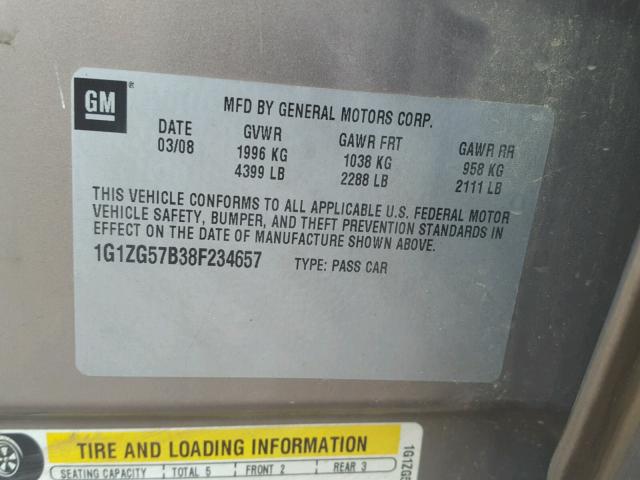 1G1ZG57B38F234657 - 2008 CHEVROLET MALIBU LS TAN photo 10