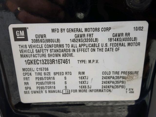 1GKEC13Z03R167461 - 2003 GMC YUKON BLACK photo 10