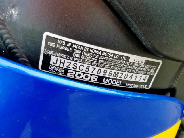 JH2SC57096M204114 - 2006 HONDA CBR1000 RR BLUE photo 10