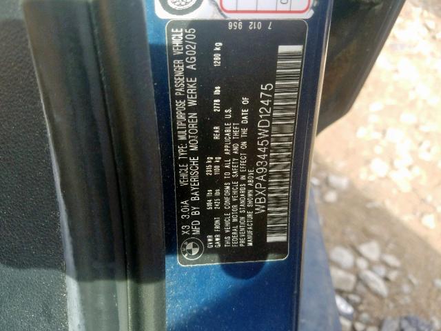 WBXPA93445WD12475 - 2005 BMW X3 3.0I BLUE photo 10