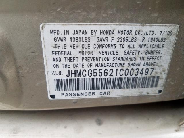 JHMCG55621C003497 - 2001 HONDA ACCORD EX TAN photo 10