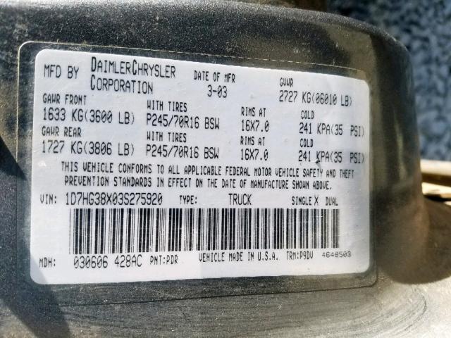 1D7HG38X03S275920 - 2003 DODGE DAKOTA QUA GRAY photo 10