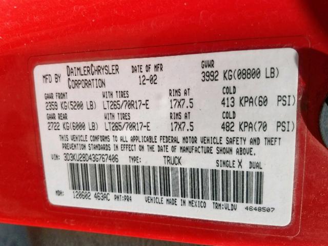 3D3KU28D43G767406 - 2003 DODGE RAM 2500 S Կարմիր լուսանկար 10