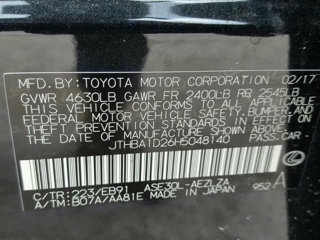 JTHBA1D26H5048140 - 2017 LEXUS IS 200T BLACK photo 10