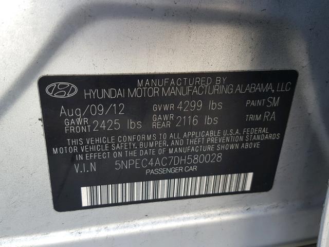 5NPEC4AC7DH580028 - 2013 HYUNDAI SONATA SE SILVER photo 10