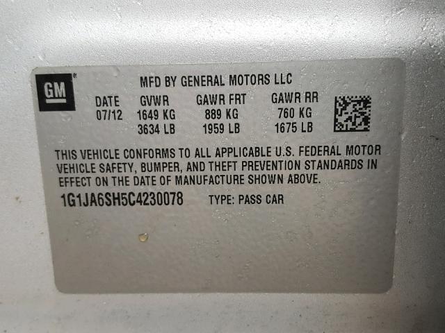 1G1JA6SH5C4230078 - 2012 CHEVROLET SONIC LS 银色 照片 10