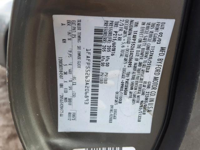 1FAFP55263A206893 - 2003 FORD TAURUS SES GRAY photo 10