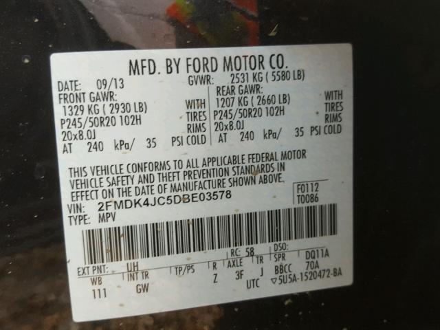 2FMDK4JC5DBE03578 - 2013 FORD EDGE SEL BLACK photo 10