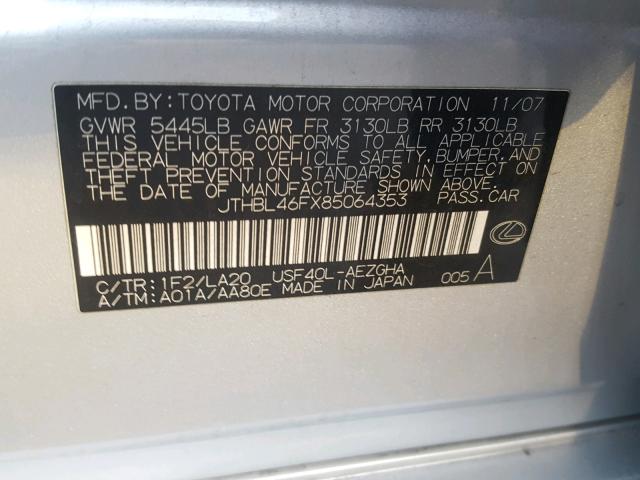 JTHBL46FX85064353 - 2008 LEXUS LS 460 SILVER photo 10