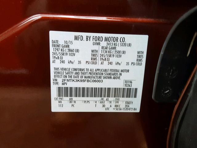 2FMTK3K95FBC06003 - 2015 FORD EDGE TITAN MAROON photo 10