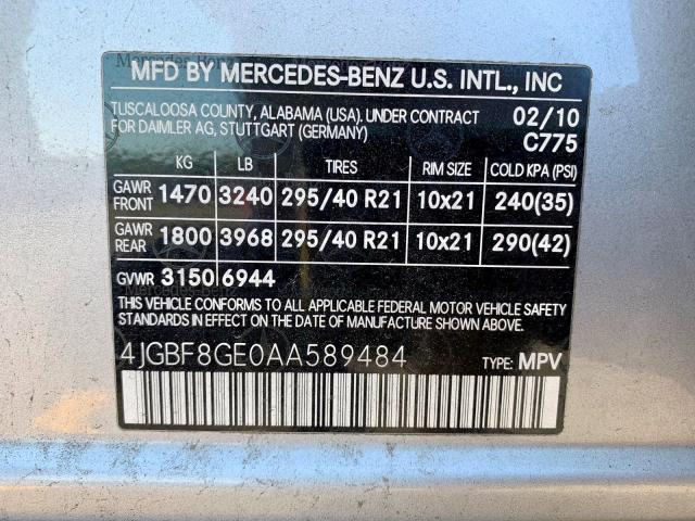 4JGBF8GE0AA589484 - 2010 MERCEDES-BENZ GL 550 4MA SILVER photo 10