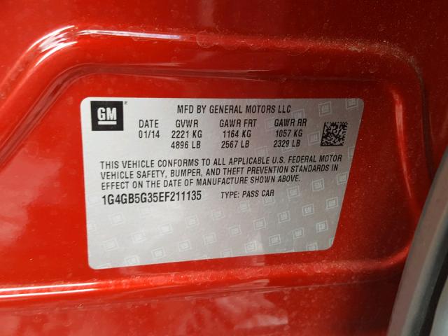 1G4GB5G35EF211135 - 2014 BUICK LACROSSE RED photo 10