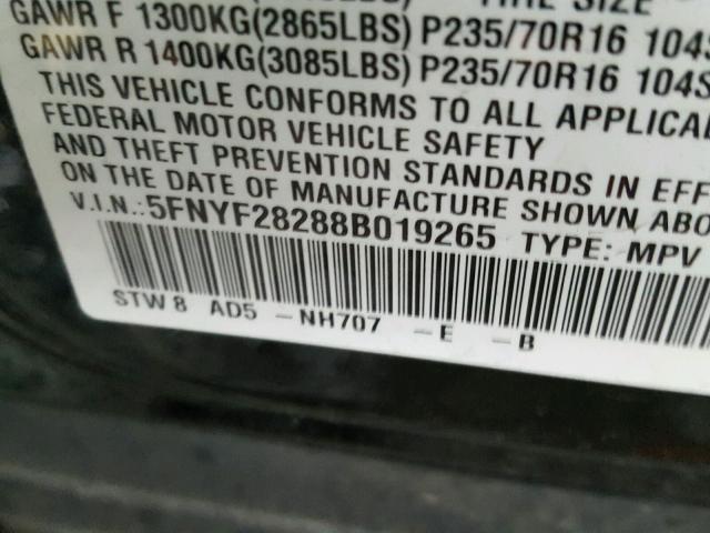 5FNYF28288B019265 - 2008 HONDA PILOT VP BLACK photo 10