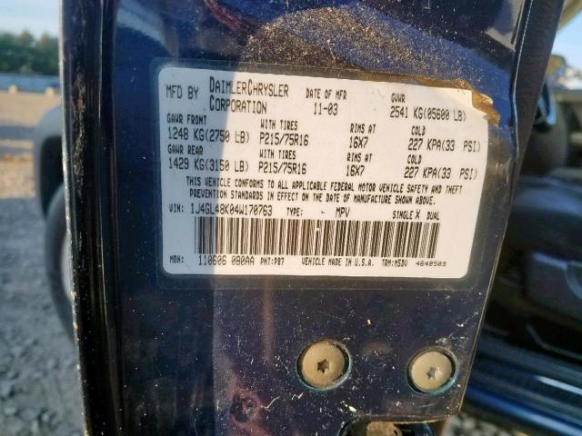 1J4GL48K04W170763 - 2004 JEEP LIBERTY SP BLUE photo 10