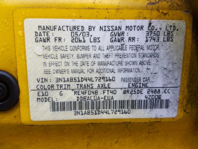 3N1AB51D44L729160 - 2004 NISSAN SENTRA SE- YELLOW photo 10