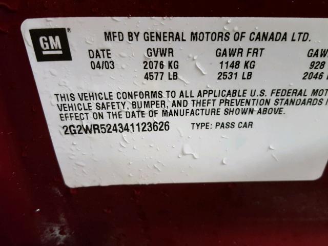 2G2WR524341123626 - 2004 PONTIAC GRAND PRIX წითელი ფოტო 10