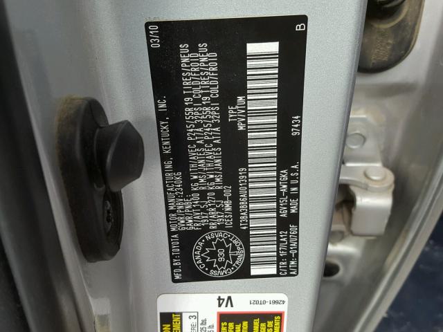 4T3BA3BB6AU013919 - 2010 TOYOTA VENZA BASE SILVER photo 10