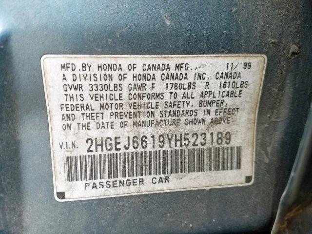 2HGEJ6619YH523189 - 2000 HONDA CIVIC BASE GRAY photo 10