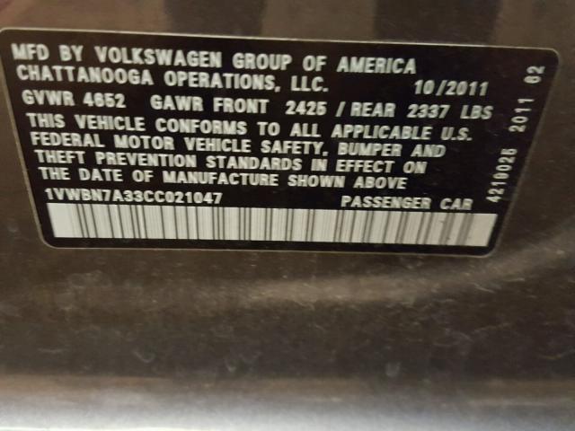 1VWBN7A33CC021047 - 2012 VOLKSWAGEN PASSAT SE CHARCOAL photo 10