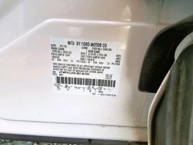 2FMPK3J8XJBC46595 - 2018 FORD EDGE SEL WHITE photo 10