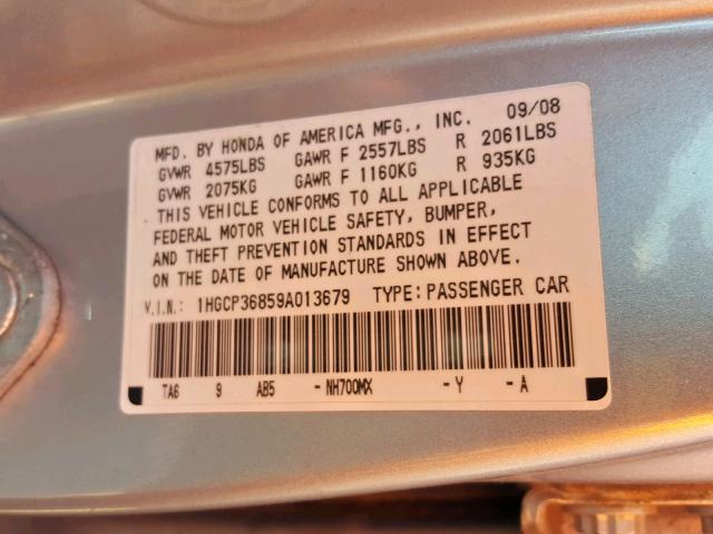 1HGCP36859A013679 - 2009 HONDA ACCORD EXL SILVER photo 10