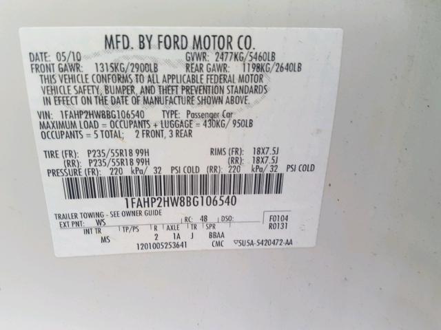 1FAHP2HW8BG106540 - 2011 FORD TAURUS SEL WHITE photo 10