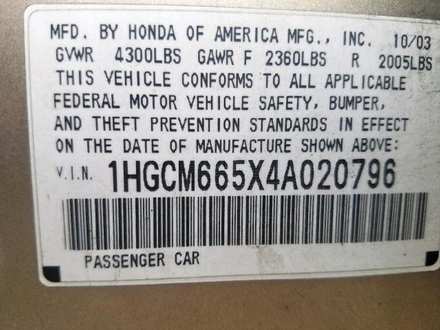 1HGCM665X4A020796 - 2004 HONDA ACCORD EX GOLD photo 10