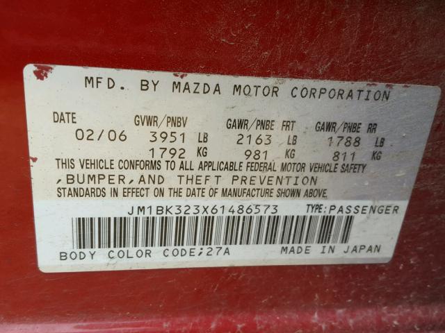 JM1BK323X61486573 - 2006 MAZDA 3 S RED photo 10