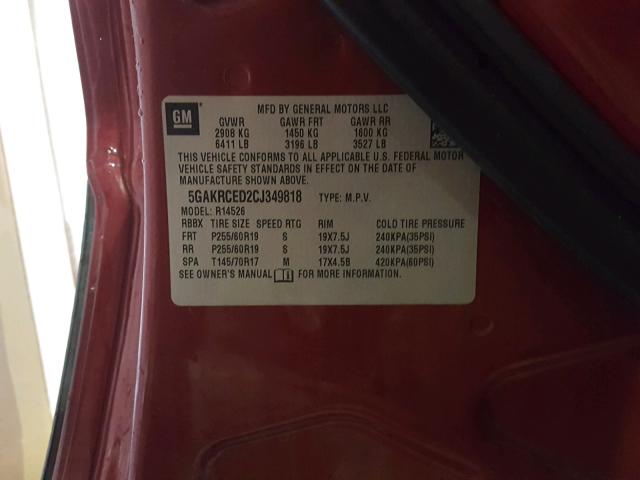 5GAKRCED2CJ349818 - 2012 BUICK ENCLAVE RED photo 10