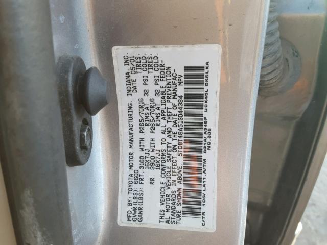 5TDBT48A51S044384 - 2001 TOYOTA SEQUOIA LI SILVER photo 10