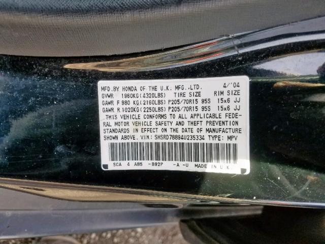 SHSRD78894U235334 - 2004 HONDA CR-V EX BLACK photo 10