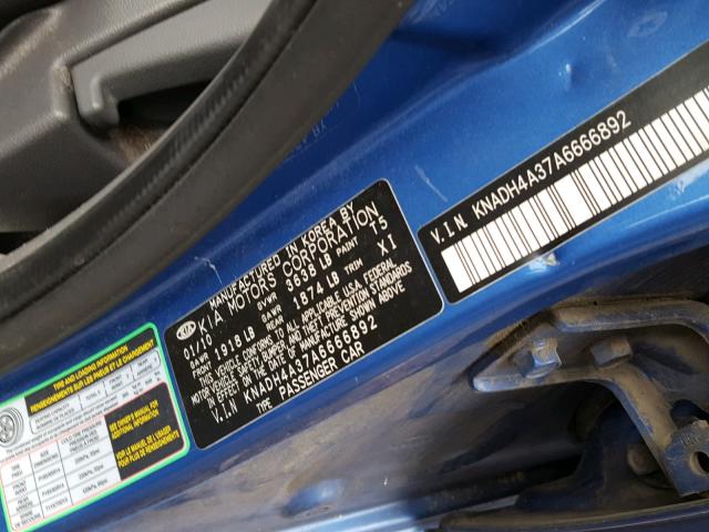 KNADH4A37A6666892 - 2010 KIA RIO LX BLUE photo 10