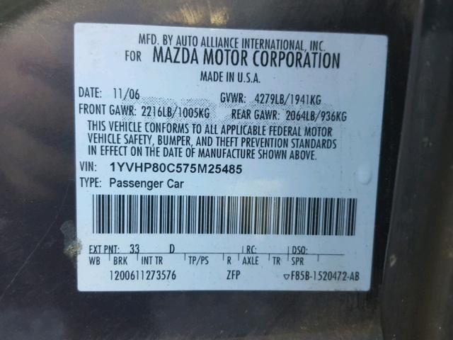 1YVHP80C575M25485 - 2007 MAZDA MAZDA6I CHARCOAL photo 10