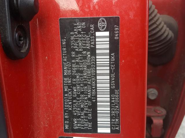 4T1BK46K97U052339 - 2007 TOYOTA CAMRY NEW RED photo 10