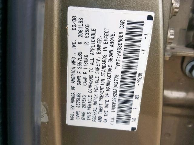 1HGCP36828A042779 - 2008 HONDA ACCORD EXL GOLD photo 10