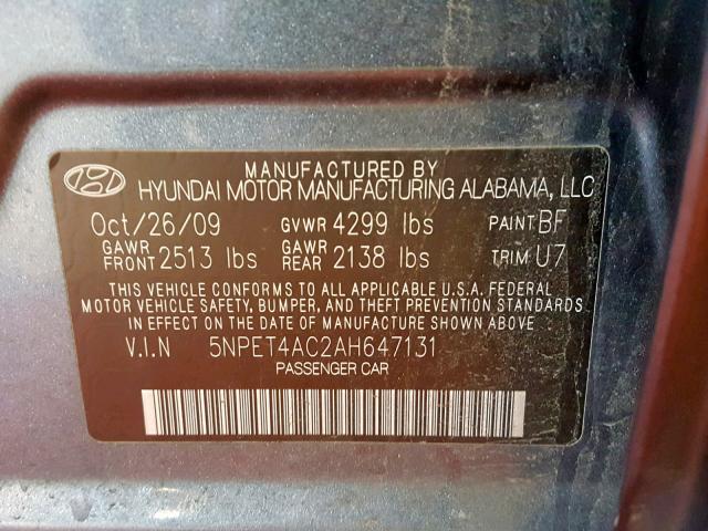 5NPET4AC2AH647131 - 2010 HYUNDAI SONATA GLS BLUE photo 10