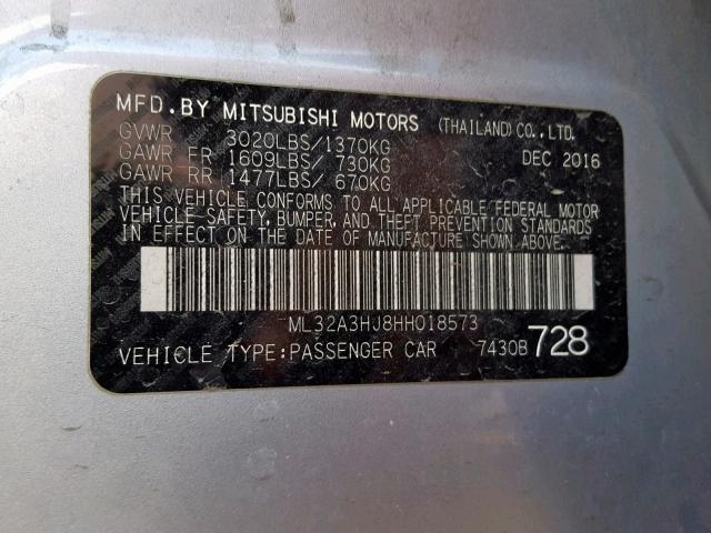 ML32A3HJ8HH018573 - 2017 MITSUBISHI MIRAGE ES SILVER photo 10